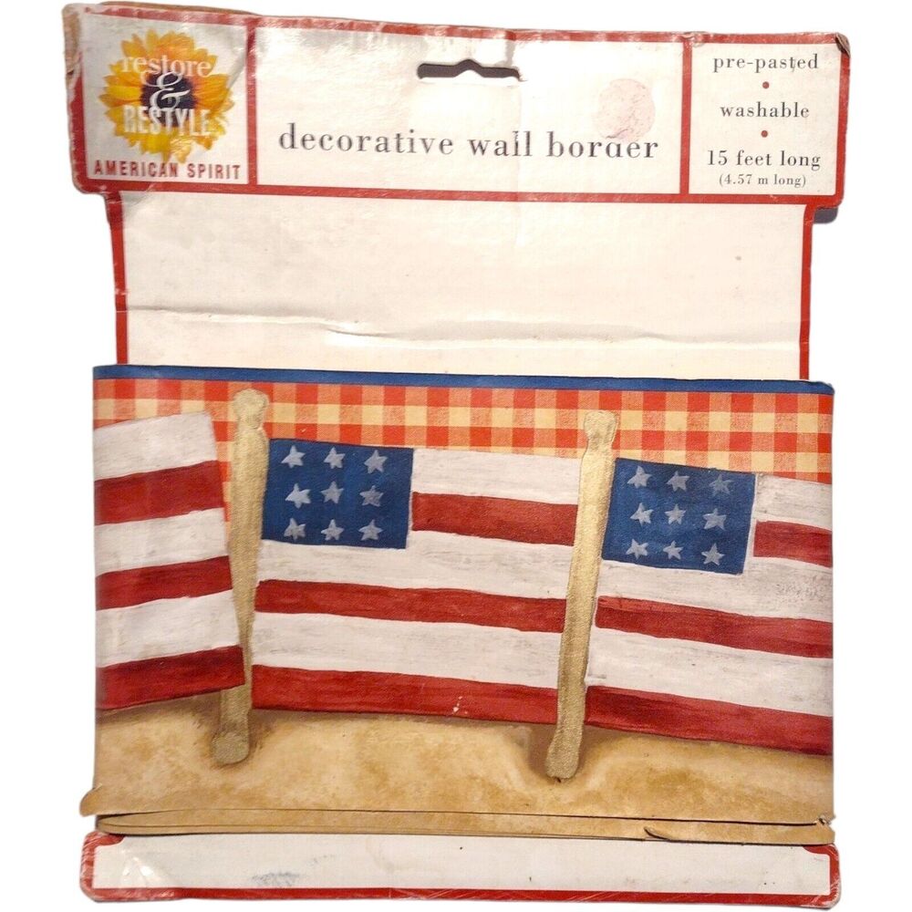 Vintage American Flag Wall Border 5" Pre Pasted 15 Ft Rustic USA Patriotic Folk